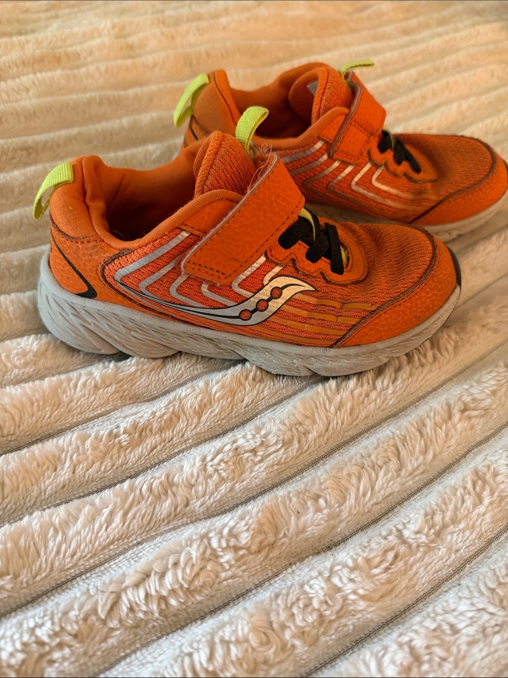 Saucony Kids Orange Velcro Athletic Sneakers with Neon Accents